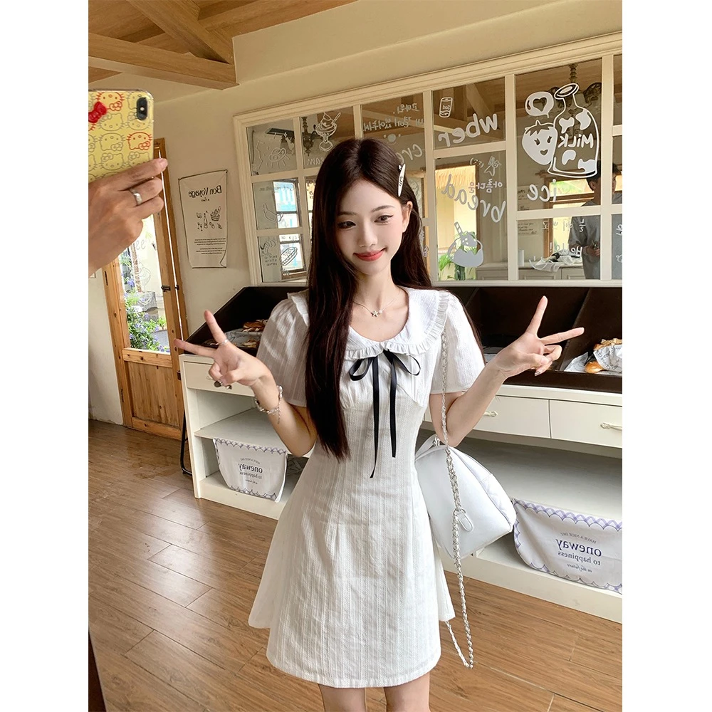FRVXO造梦少女 法式夏季气质蝴蝶结温柔白月光收腰连衣裙女