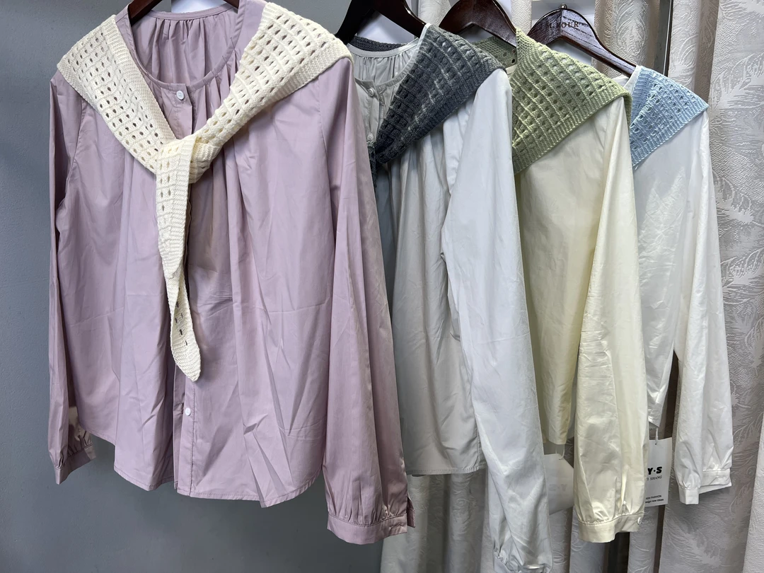 爆款春夏韩系甜美减龄娃娃领宽松温柔衬衫带针织披肩两件套长袖女