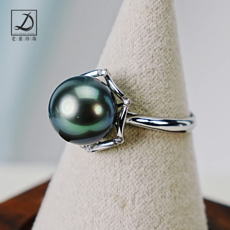 18k金镶钻10.2mm海水大溪地海水珍珠戒指