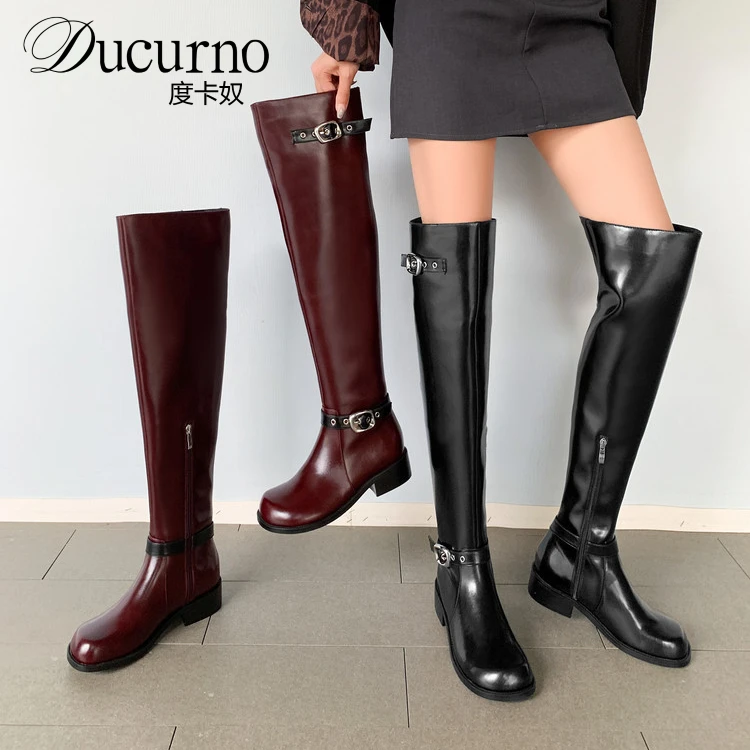 DUCURNO潮流帅气皮带扣长靴女侧拉链粗跟真皮骑士靴显腿长过膝靴