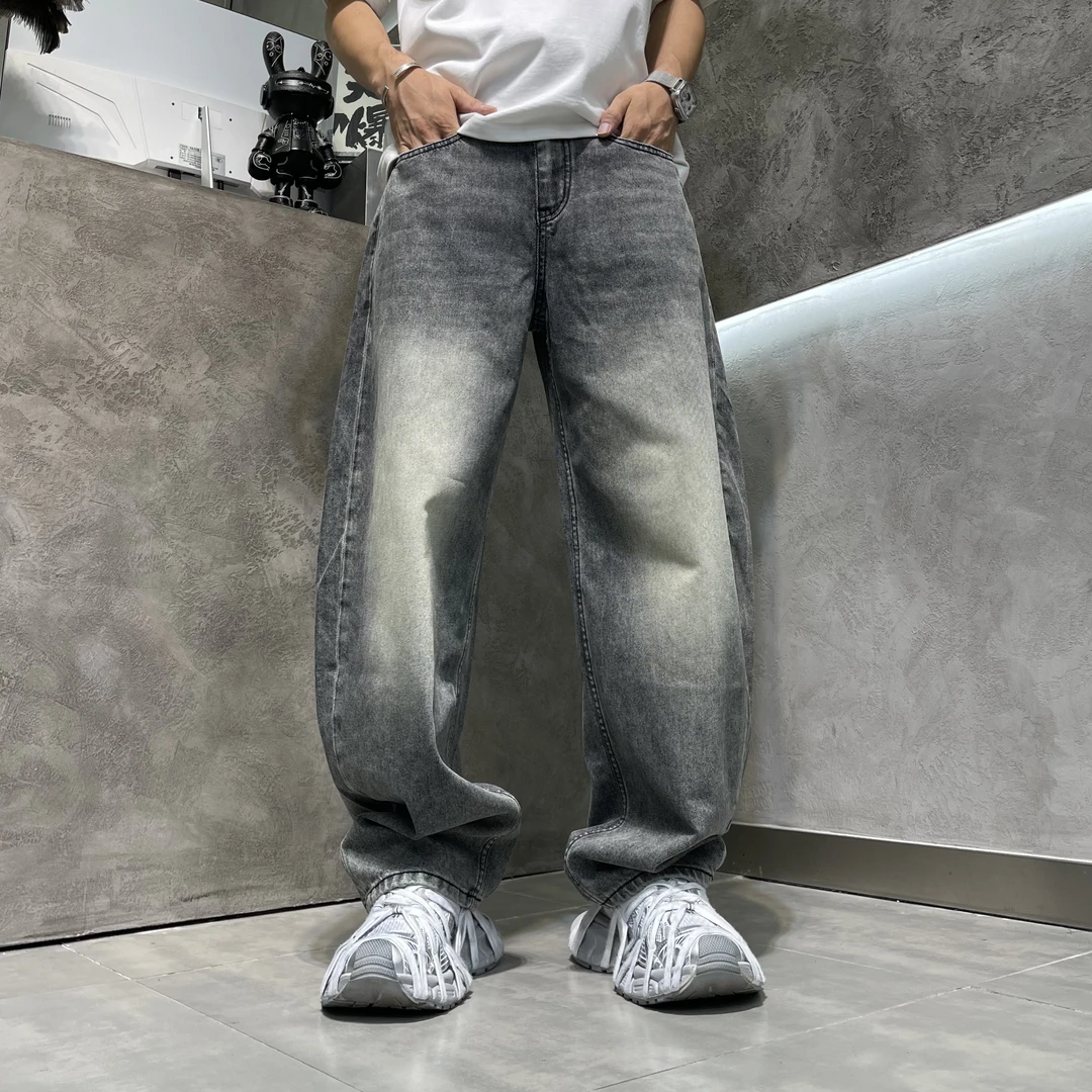 早秋款美式复古基础大众常规款男港风牛仔裤裤子直筒宽松款弯刀裤