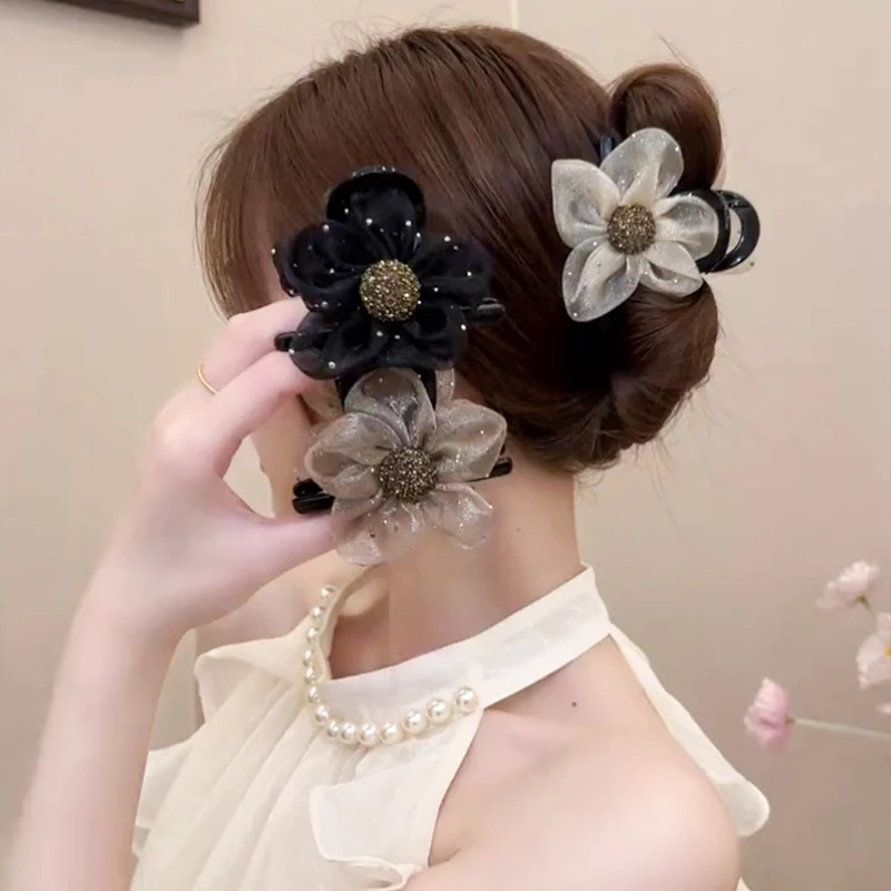 水钻花朵抓夹扎头发女2024新款马尾夹后脑勺鲨鱼夹半扎发夹头饰