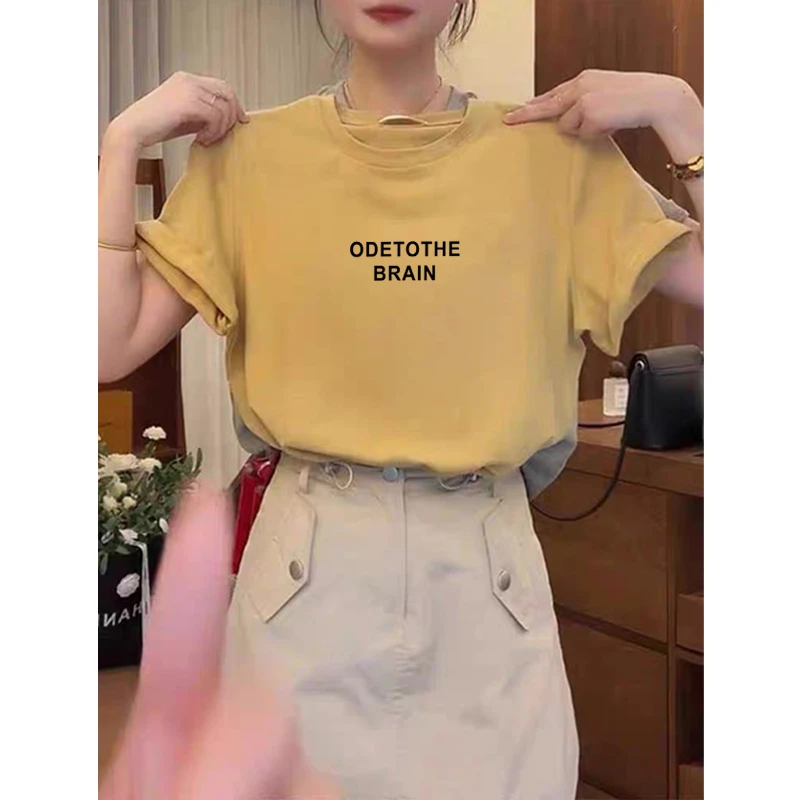 黄色正肩纯棉短袖t恤女装小众时尚百搭洋气显瘦上衣基础款夏季潮