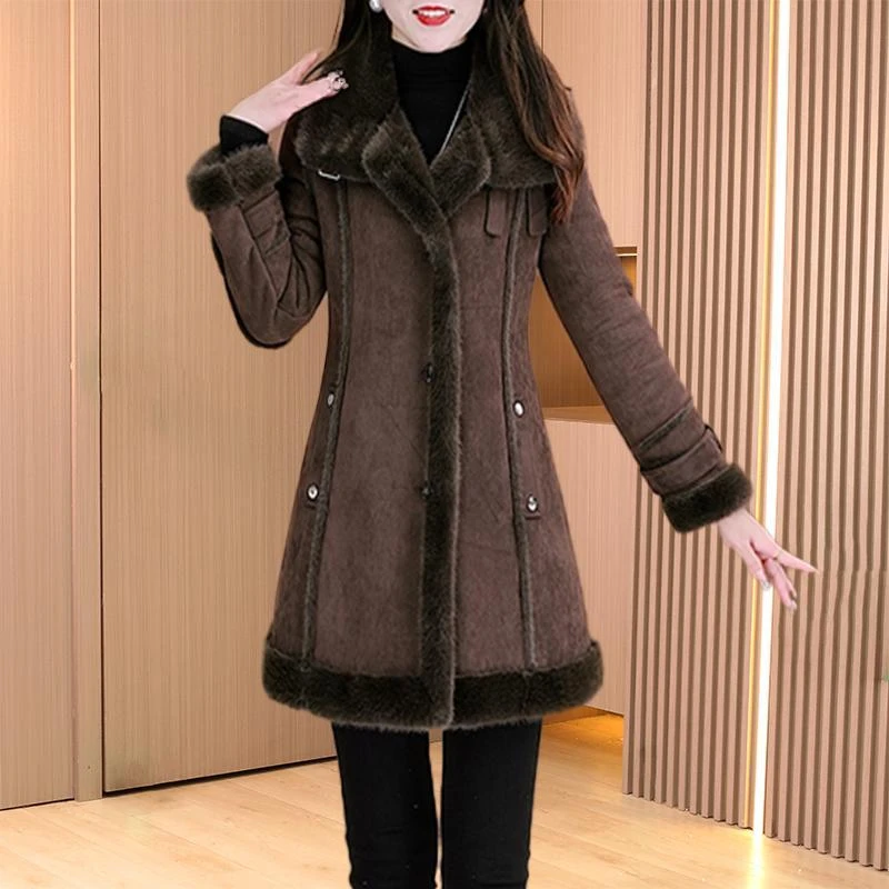 高档皮毛一体时尚中长款外套2025年冬季新款气质大衣加绒保暖棉服