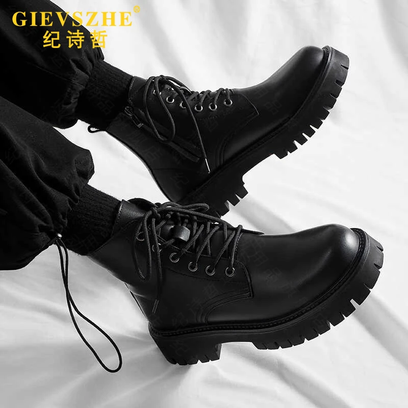 纪诗哲男士马丁靴秋季英伦风新款黑色纯色机车靴厚底增高帮短靴子