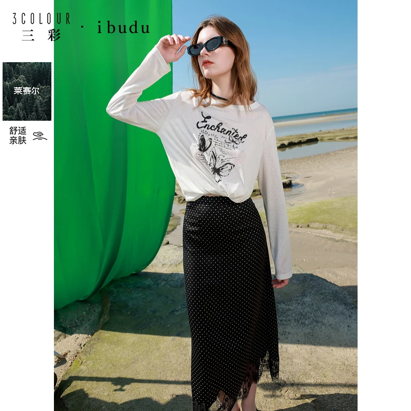 三彩ibudu2025春季新款蝴蝶印花字母T恤上衣宽松长袖显瘦洋气女