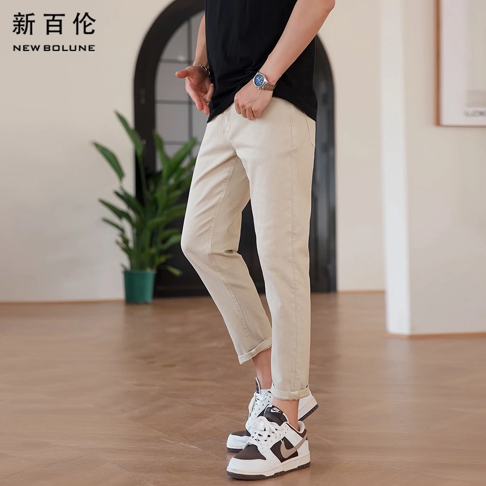 新百伦秋冬轻奢浅咖色牛仔裤男2025新款高级感百搭修身直筒九分裤