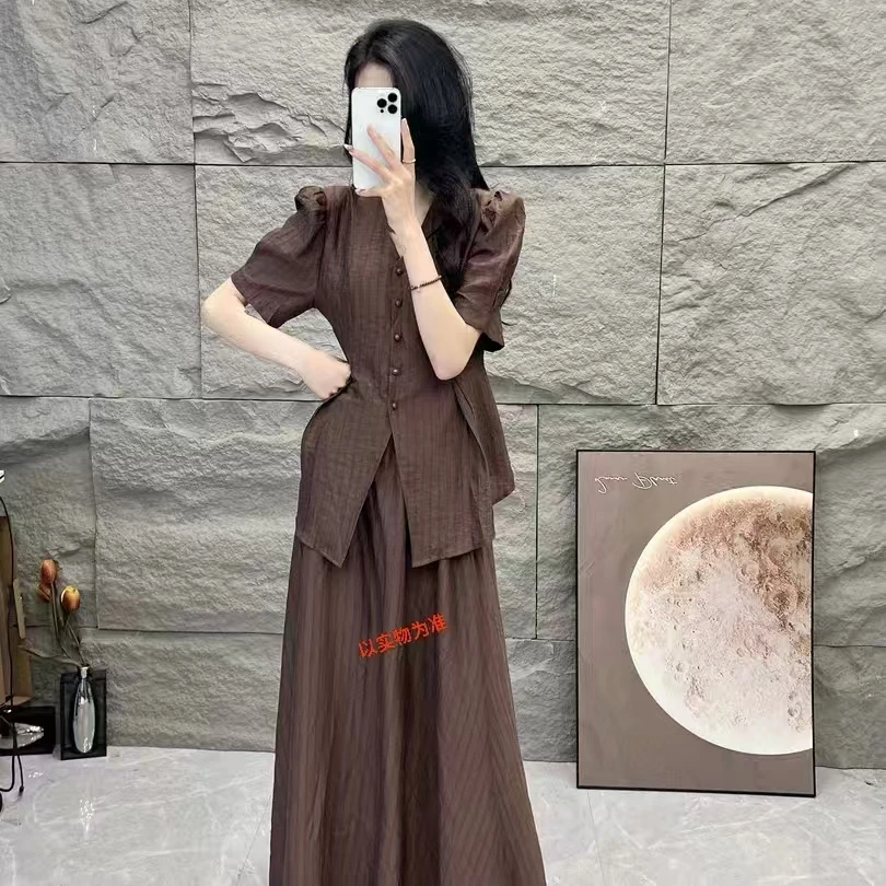 66295#减龄上衣短袖+半身裙套装收腰轻熟风百褶显瘦气质洋气高腰