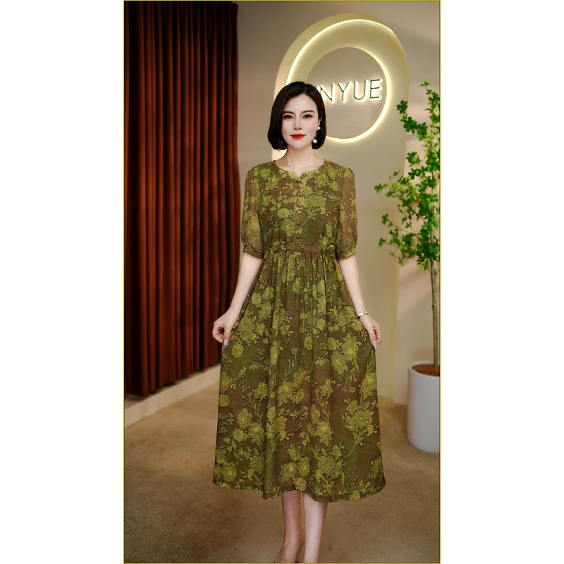 【遇见妳】6090新款夏季立领苔花漫染裙时尚收腰休闲气质连衣裙