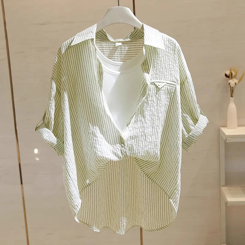 culv假两件条纹短袖衬衫女夏季新款韩版宽松显瘦百搭薄款防晒衬衣