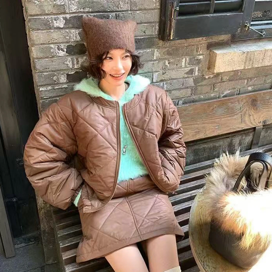 美拉德菱格保暖夹克棉衣百搭短款加厚外套女冬季+高腰a字短裙套装