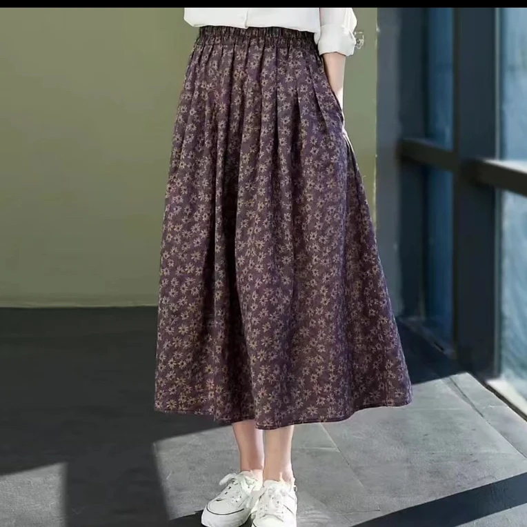 文艺田园风碎花棉麻中长款高腰A字半身裙