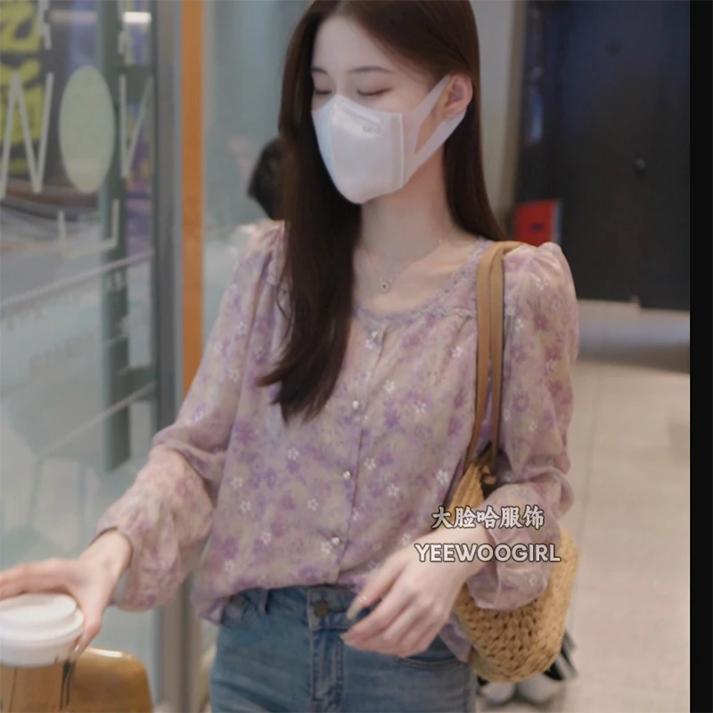 【大脸哈】[现货]气质百搭碎花衬衫女长袖2025新款圆领设计感衬衣