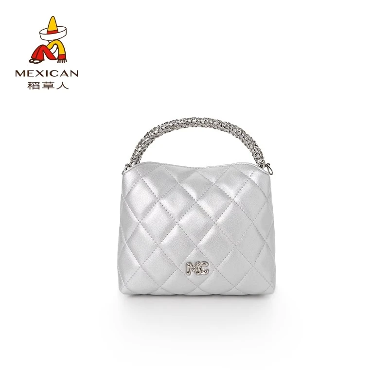 稻草人银色包包女单肩包2025新款真皮轻奢手提斜挎包潮流香风菱格