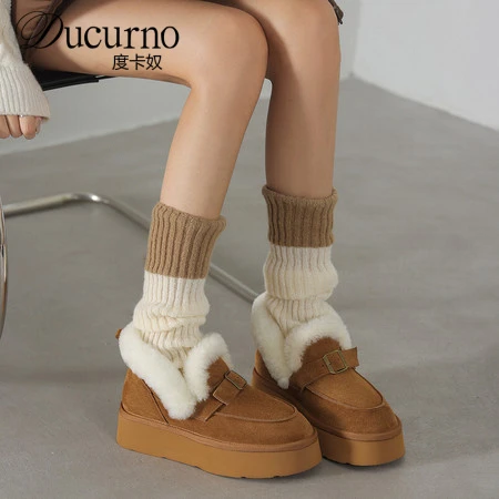 DUCURNO韩版皮带扣牛翻皮增高雪地靴女加绒加厚保暖棉靴休闲短靴