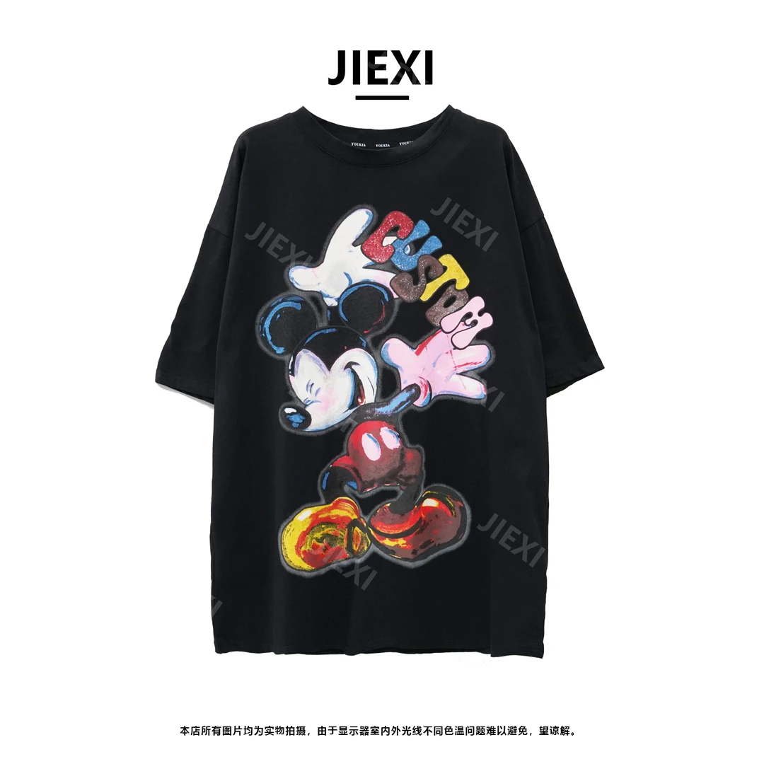 JIEXI显瘦大版型新款重工米奇印花休闲百搭宽松短袖T恤jx2303