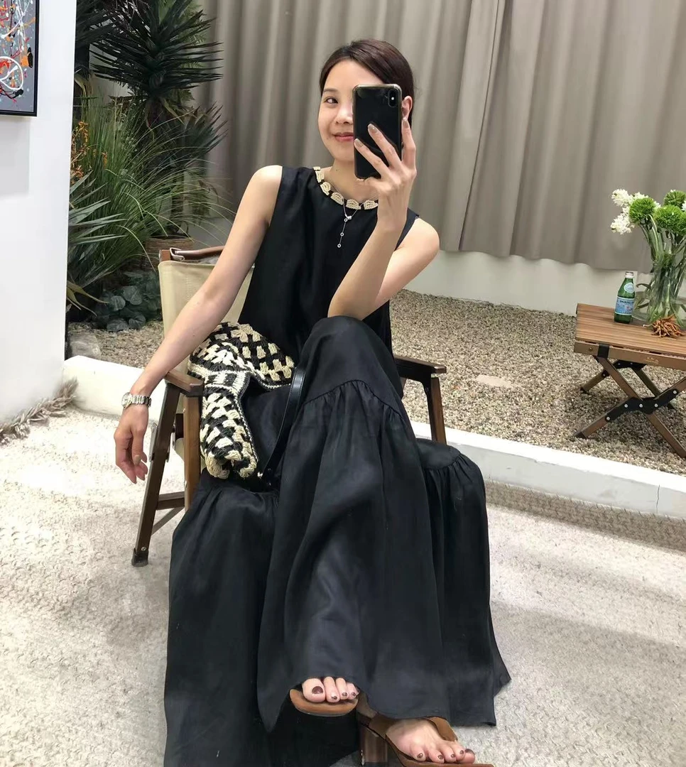 高级慵懒100纯亚麻连衣裙小众简约鱼尾裙气质长裙显瘦无袖背心裙