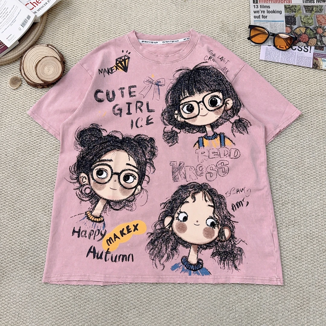2025夏季新款卡通印花重工亮片短袖T恤2340