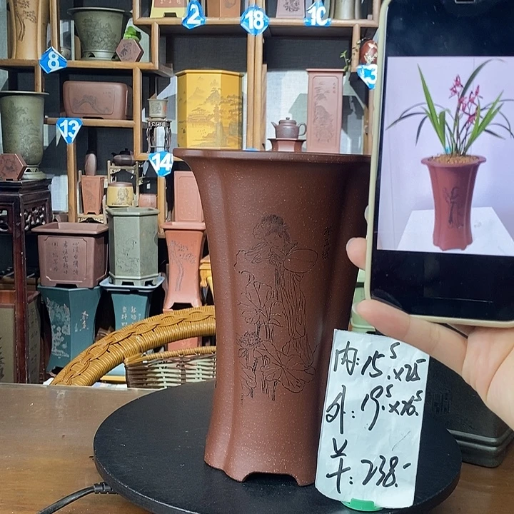 紫砂花盆底槽清海棠盆精刻贵妃醉酒