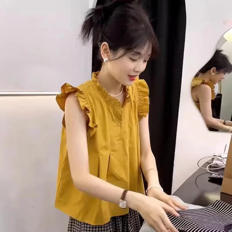 拉秋贝尔木耳边小飞袖衬衫女秋新款衬衣小个子独特上衣设计感洋气