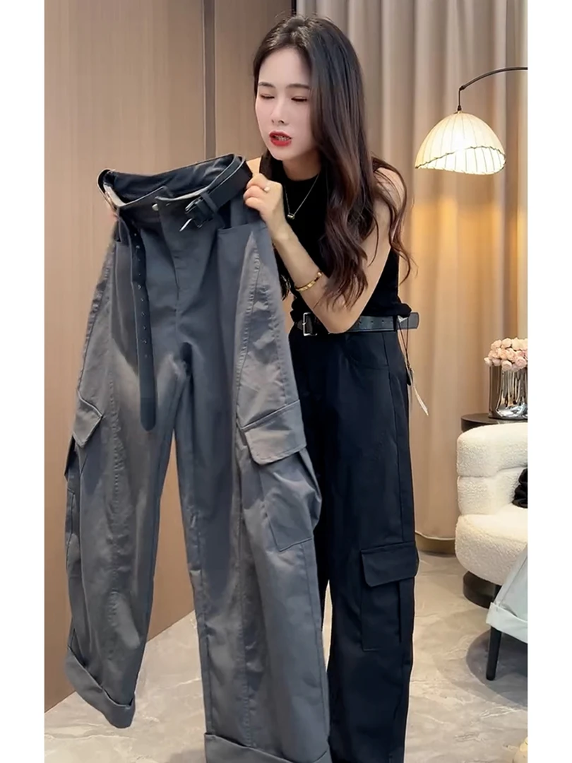 美式复古高街小个子高腰显瘦垂感裤子宽松灰色工装休闲阔腿裤女秋