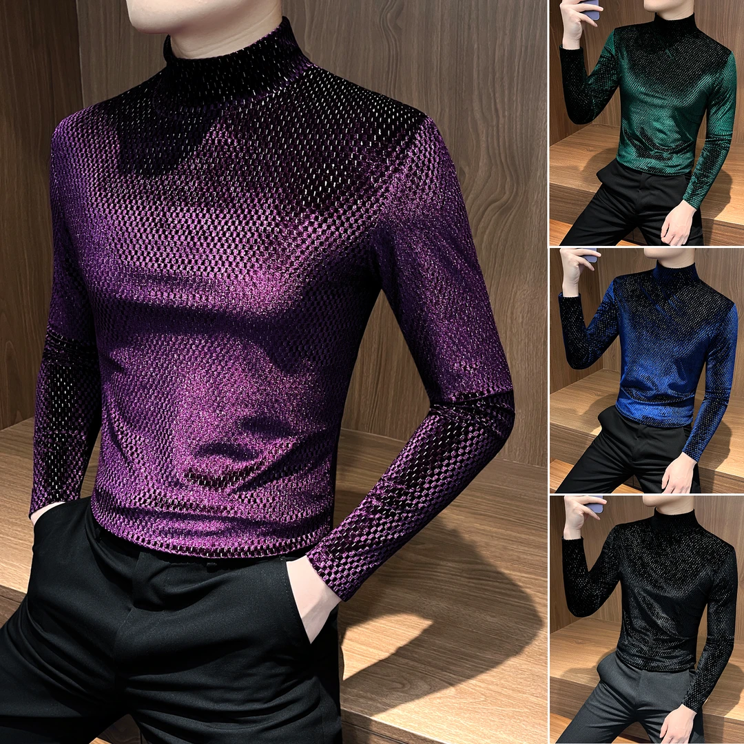 金丝绒半高领男士打底衫秋冬休闲上衣格子长袖可内搭保暖男款t恤