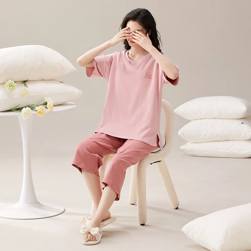 4305夏季带胸垫纯棉短袖七分裤休闲睡衣女士套装家居服套装HMF