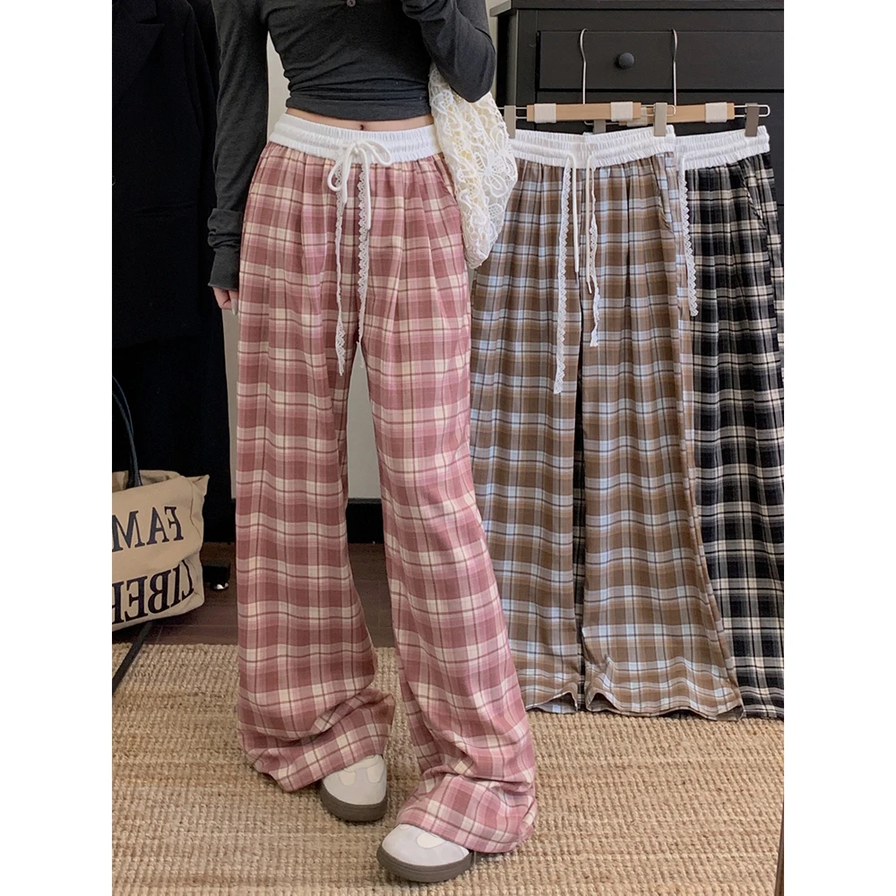 2025新款阔腿裤抽绳系带松紧腰休闲宽松格子裤女