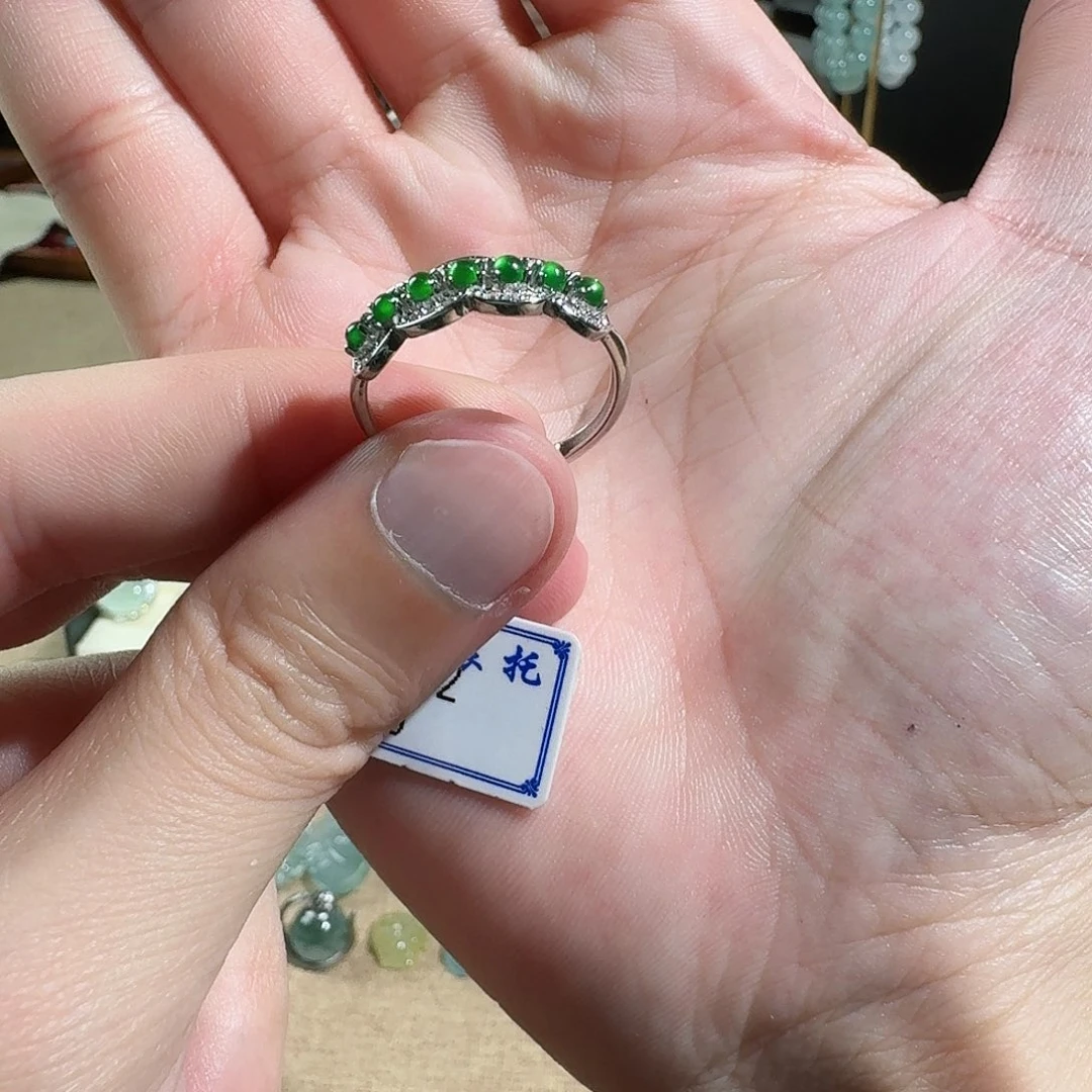 瑶***玲定制翡翠银S925镶嵌翡翠排戒