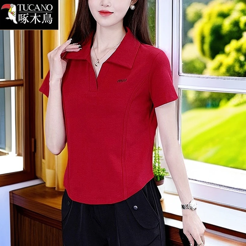 啄木鸟短袖简约通勤POLO领t恤2025年新款减龄洋气韩版时尚上衣女