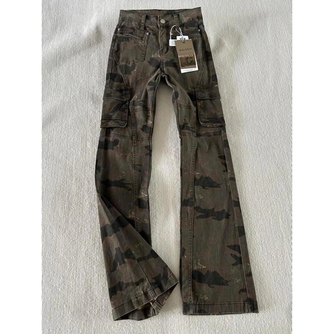 美式复古迷彩工装裤男春秋季潮牌高街vibe裤子直筒修身微喇牛仔裤