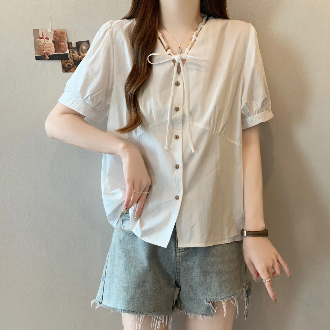 夏季减龄设计感绑带V领甜美衬衫女2025新款显瘦洋气正肩短袖上衣