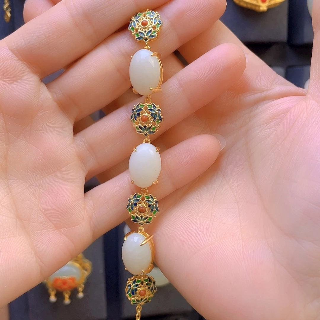 和田玉手链银S925镀金镶嵌