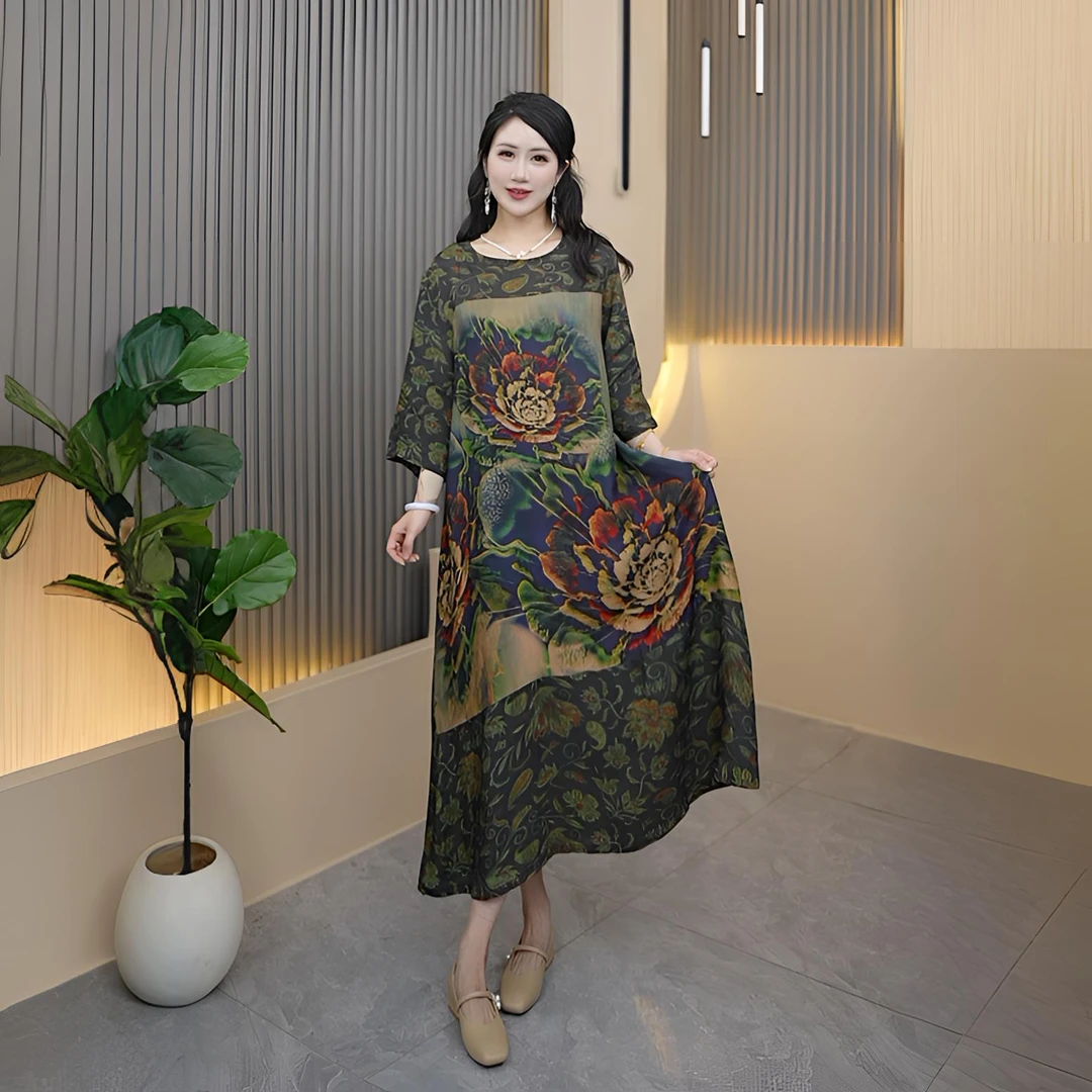 花开富贵新中式女装连衣裙显瘦气质中国风中长款花萝提花优雅大码