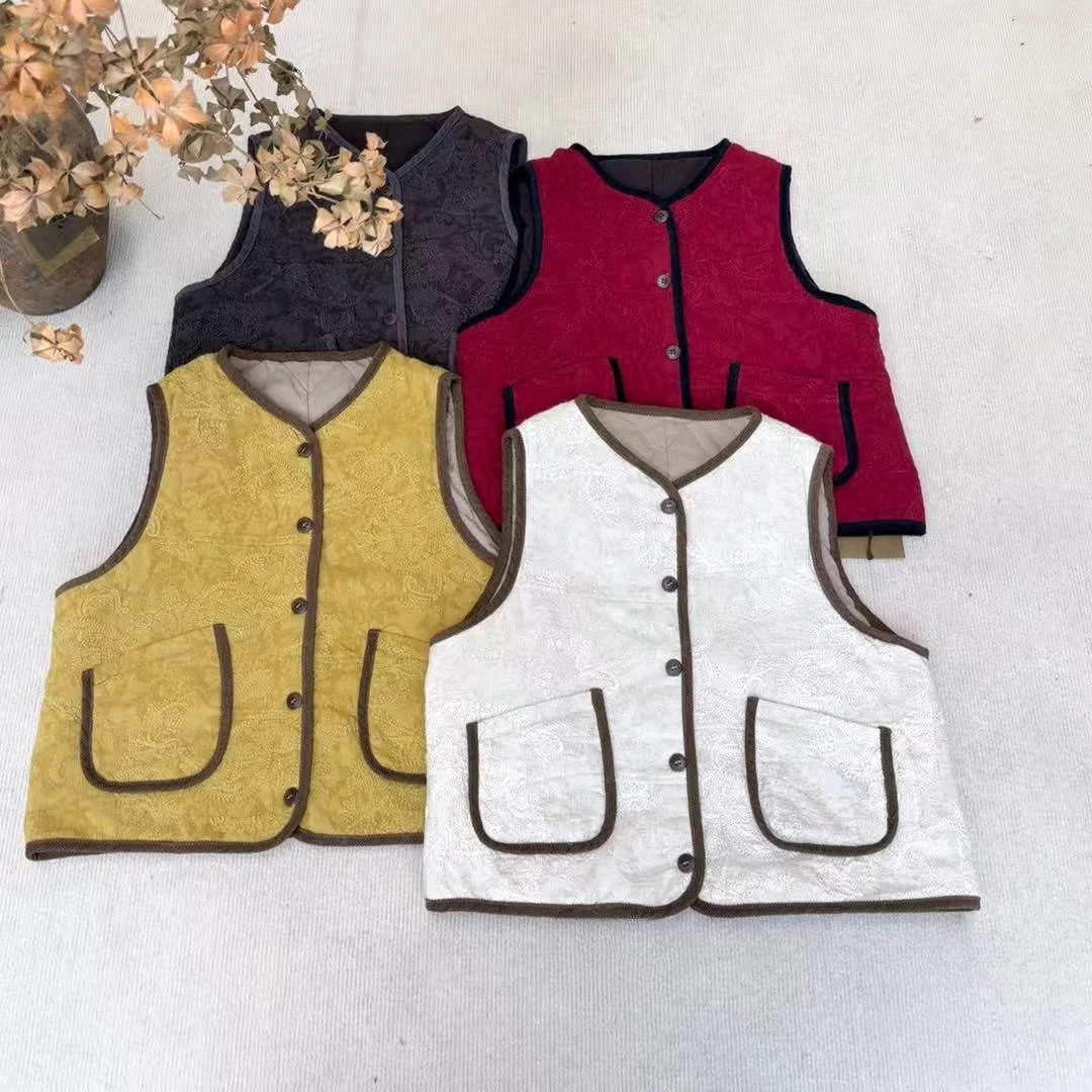 素陌  原创设计色织雨露亚麻提花刺绣加棉马夹冬季新款时尚保暖