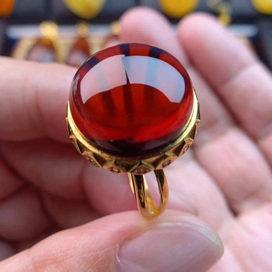 琥珀银S925镀金镶嵌戒指