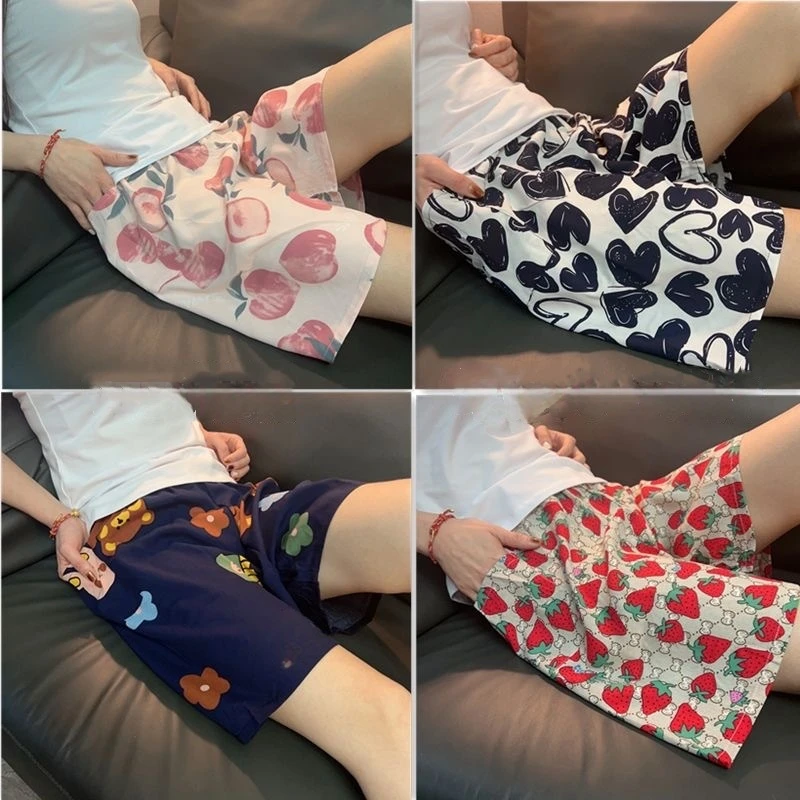 网红夏季少女棉绸四分裤棉绸短裤沙滩裤甜美卡通大码睡裤休闲裤女