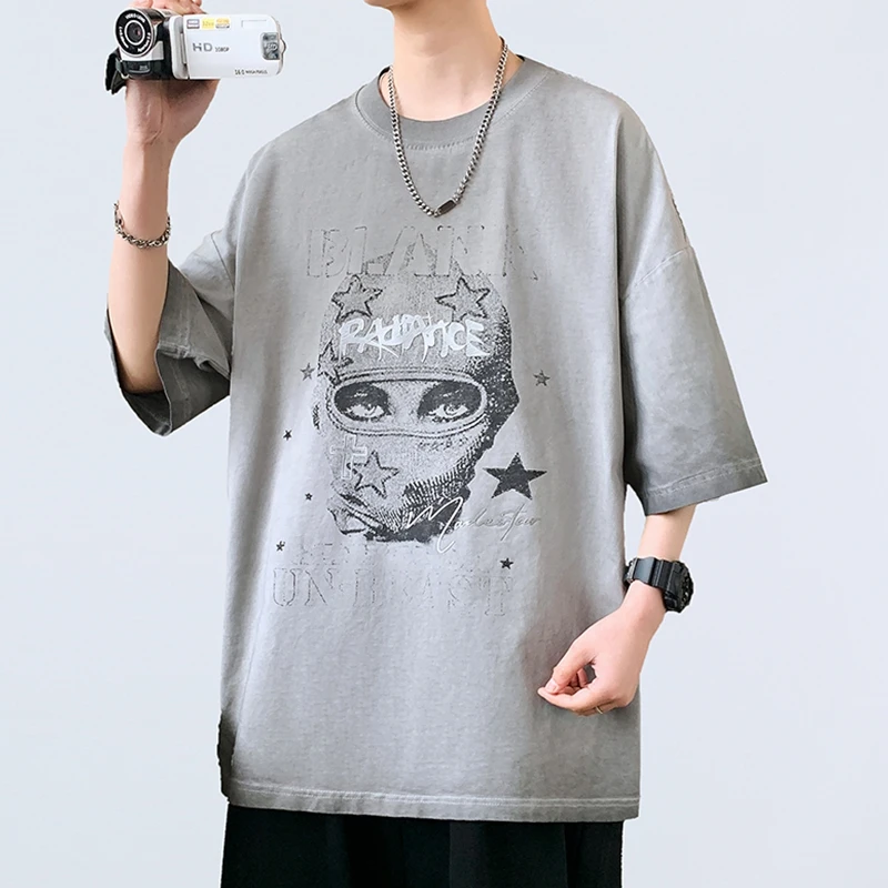 侨迪蒙拉夏季男士个性印花短袖T恤时尚港风宽松半袖上衣潮流体恤