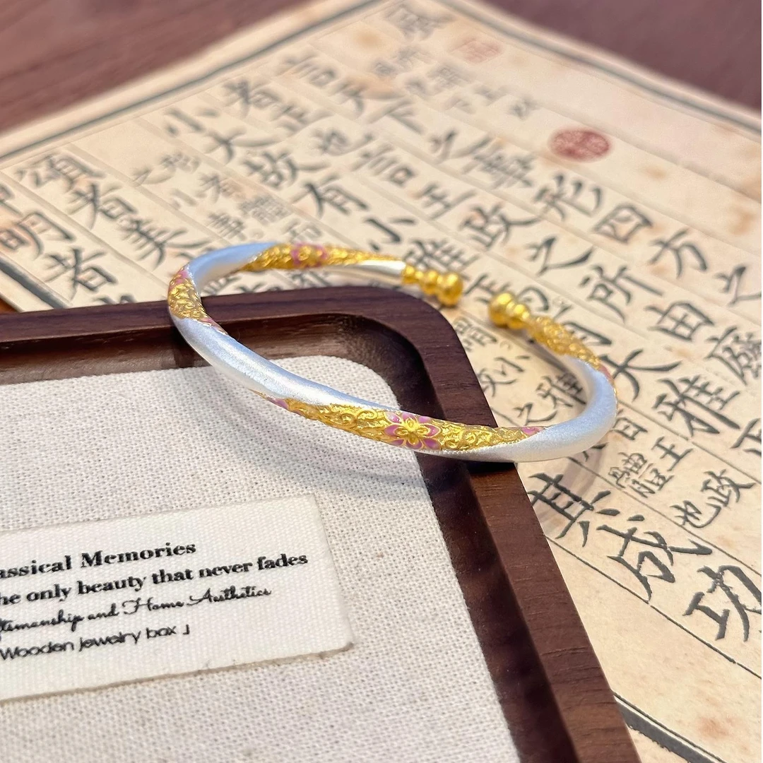 足银珐琅手镯 足银999.9国风新中式描金珐琅彩葫芦手镯紫桔梗银镯