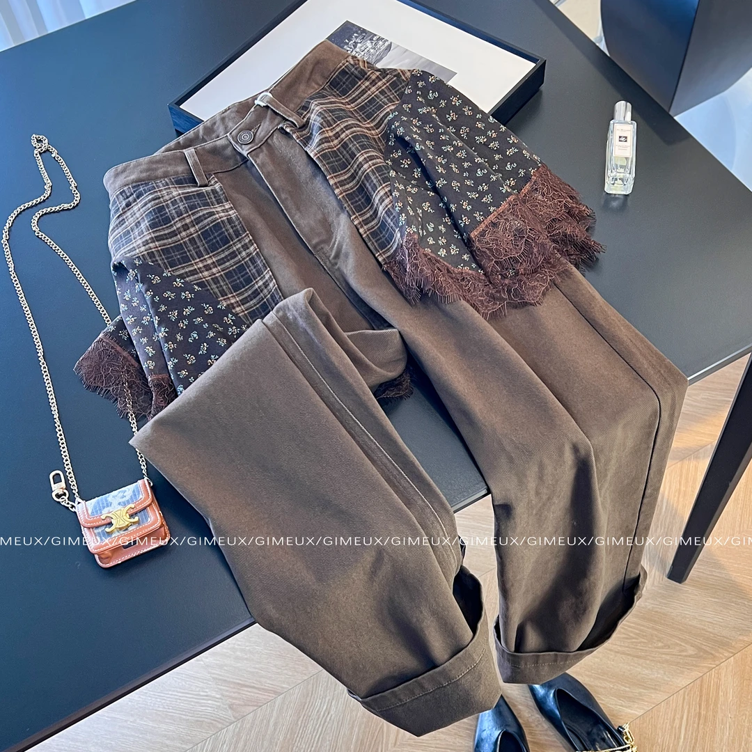 美式复古拼接设计感高腰休闲裤女2025新款冬季宽松显瘦阔腿屁帘裤