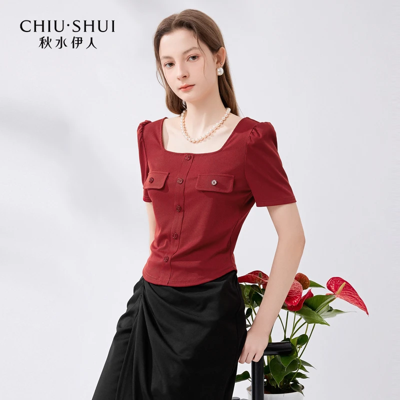 【小余】秋水伊人大方领泡泡袖T恤辣妹短袖上衣624204A200454