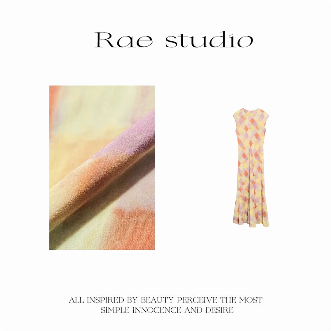 【Rae】极简风印花圆领修身显瘦中长款撞色无袖连衣裙 r438