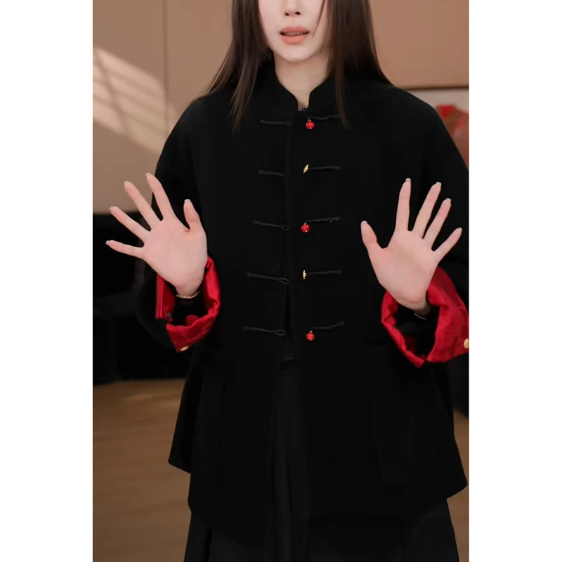 新中式国风女装盘扣上衣2024秋冬新款高级感复古唐装黑色毛呢外套