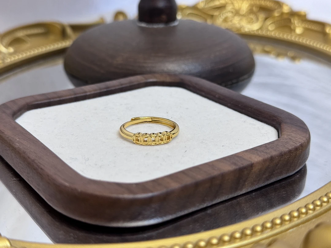 铜合金花岗石戒指 五帝钱金色戒指可调节