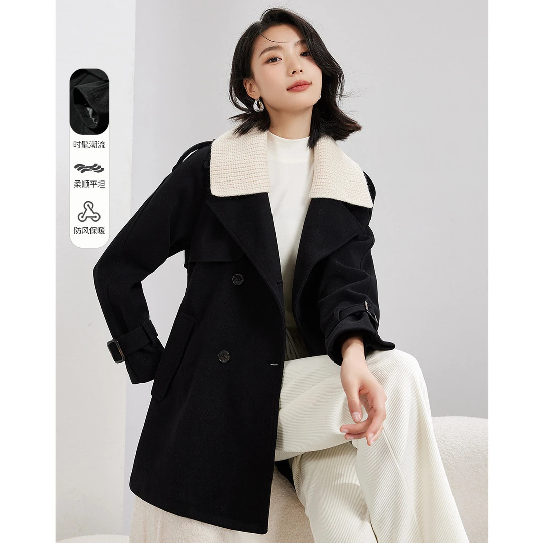 时尚气质双排扣腰带领拼针织女短款毛呢大衣3134030030