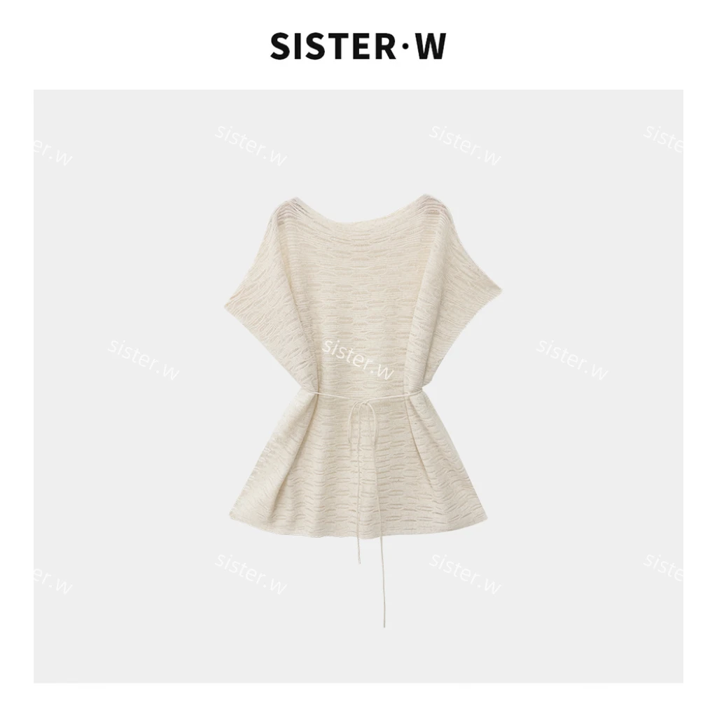 法式镂空薄款针织衫宽松上衣  6086-1  （有腰带）