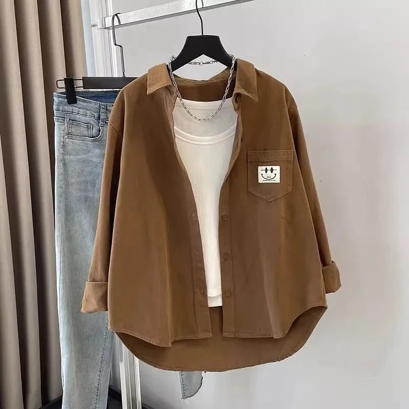 笑脸口袋设计感衬衫女长袖春秋新款韩版宽松百搭休闲叠穿衬衣外套