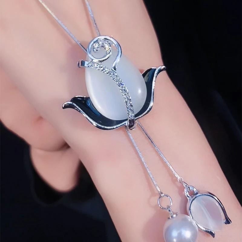 钛钢项链 秋冬新款郁金香毛衣链手工气质时尚百搭国风长款镶嵌女