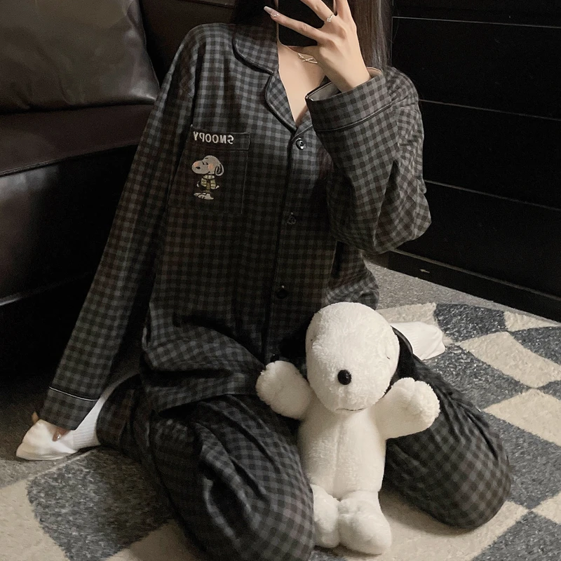 大码240斤睡衣男女春夏薄款长袖胖mm宽松卡通格子情侣家居套装