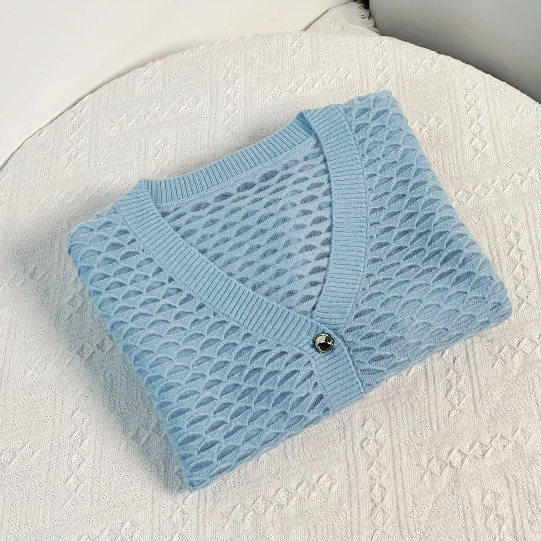 清-汤圆吖浅蓝色V领显瘦针织镂空开衫292776